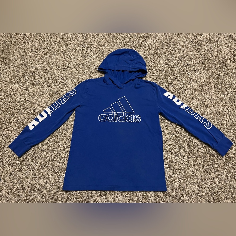 Adidas Blue Hooded Logo Long Sleeve T Shirt Size Boys M 10/12